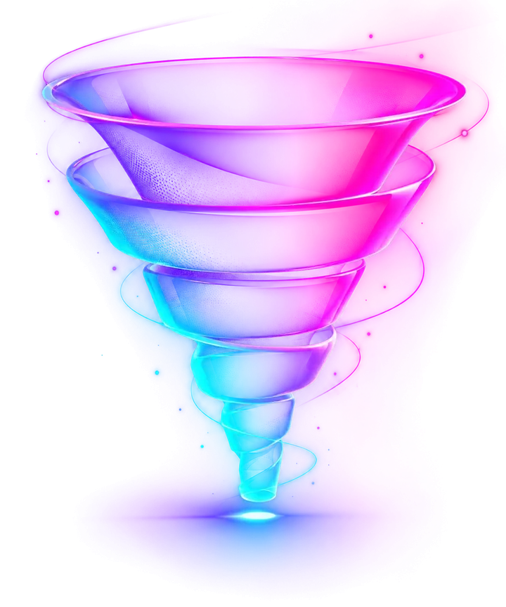 Funil comercial com cinco etapas, do topo largo à saída iluminada